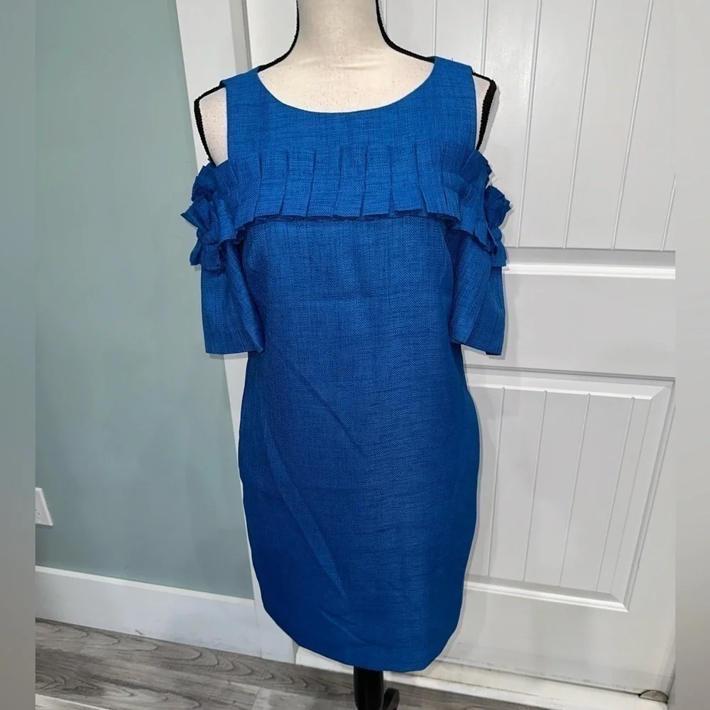 Badgley Mischka Blue Ruffle Sleeve Cold Shoulder woven dress size 4 - Picture 3 of 10